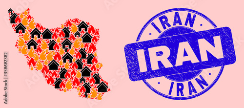 Fire hazard and realty collage Iran map and Iran corroded stamp seal. Vector collage Iran map is designed with scattered burning towns. Iran map collage is designed for fire insurance illustrations.