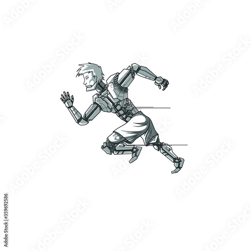 A robot doing jogging training workout monochrome design © Art_Chemist