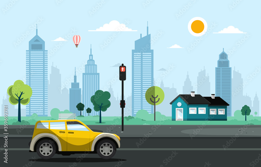 Car on Street with City Houses and Park on Background - Vector