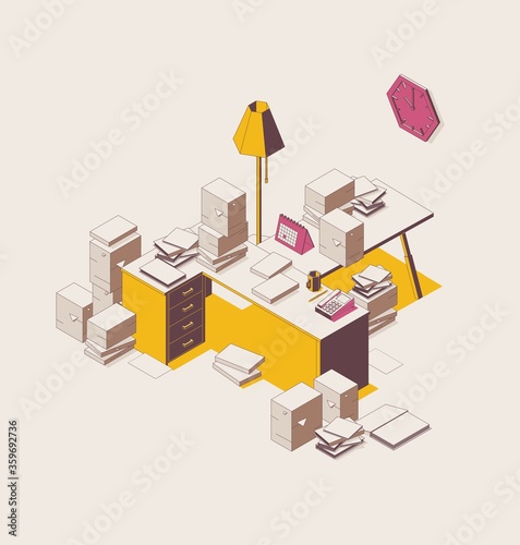 Isometric full color outline mess in the office, a lot of paper work on table, bureaucracy deadline concept scene with yellow shadow