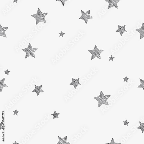 Seamless graphic pattern with the image of a simple geometric shape of the star. Vector illustration. Black and white  with elements of the hatch.