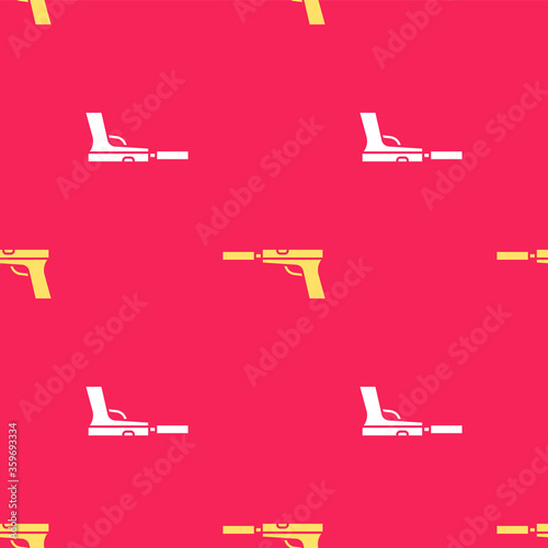 Yellow Pistol or gun with silencer icon isolated seamless pattern on red background. Vector Illustration.