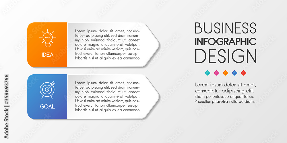 Fototapeta premium Diagram with business icons and 2 steps. Vertical infograph design. Vector