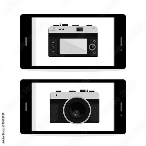 Retro Photo Camera on Mobile Phone Screen Isolated - Vector