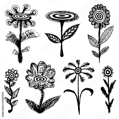 Cartoon doodle of flowers. Set of grotesque black flowers. Sketches of flowers.