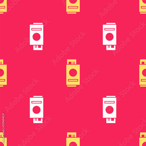 Yellow Passport with ticket icon isolated seamless pattern on red background. Identification Document. Concept travel and tourism. Vector Illustration.