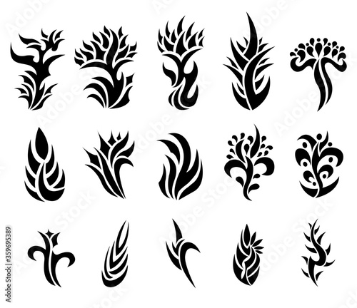Decorative floral signs. Black vegetable tribal emblems. Set of floral design elements