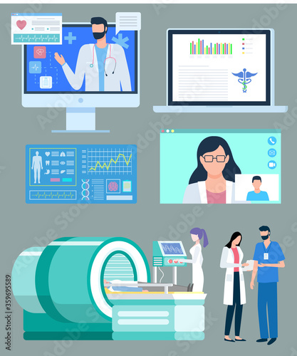 MRI in hospital vector, isolated doctors on screens. Nurse and doc with assistant conducting magnetic resonance imaging of patient. Checkup diagnostics