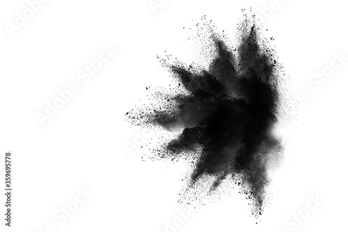 Black powder explosion isolated on white background.