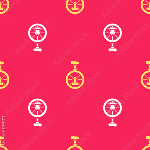 Yellow Unicycle or one wheel bicycle icon isolated seamless pattern on red background. Monowheel bicycle. Vector Illustration.