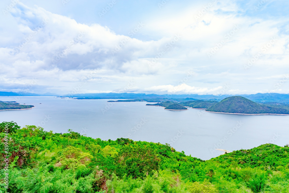 Beautiful scenery views of nature with a large reservoir above the Srinagarind Dam at Rai Ya Yam in Si Sawat District, Kanchanaburi Thailand.