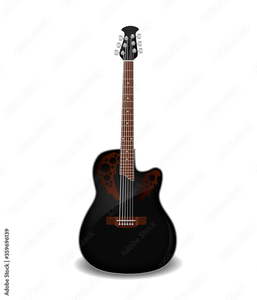 Obraz premium Realistic acoustic guitar. Classic black wooden musical equipment. Electric guitar for design concert card. Musician instrument icon. vector illustration.