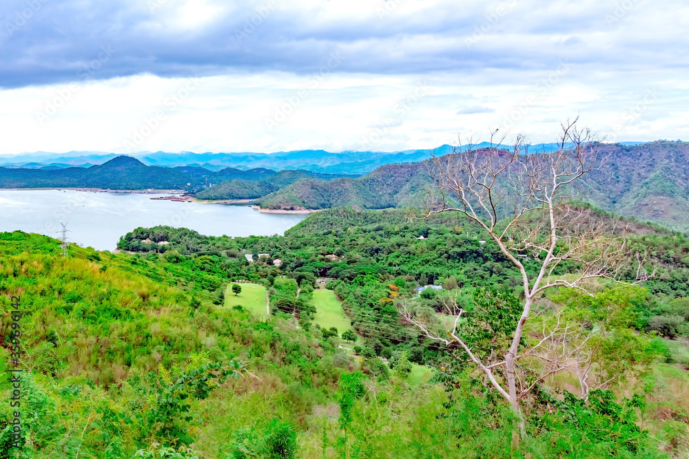 Beautiful scenery views of nature with a large reservoir above the Srinagarind Dam at Rai Ya Yam in Si Sawat District, Kanchanaburi Thailand.