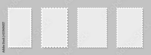 Postage stamp perforated borders. Blank postal frame template for design album, mail, postcard. Vintage postage stamps for envelopes, letter. Isolated paper square boarder. vector.