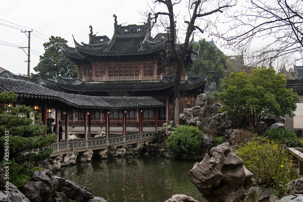 February 2019. A rainy day at Yuyuan Garden. It is a classic Chinese garden that rises in the northeast of Shanghai's old city.