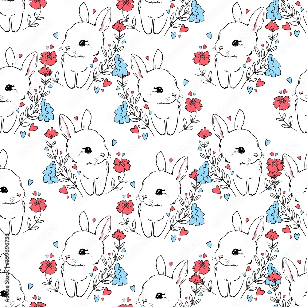Obraz premium Seamless Pattern cute bunny and flowers. Vector illustration. Childish print design for nursery, t-shirt, textile, background.