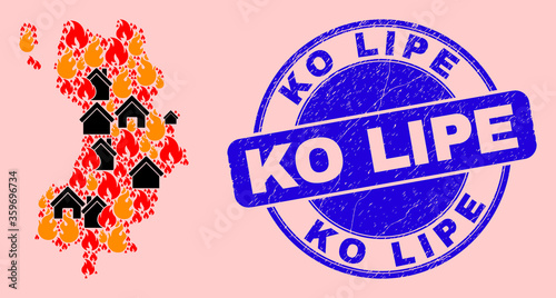 Fire and homes combination Ko Tao map and Ko Lipe unclean stamp seal. Vector collage Ko Tao map is made from scattered burning homes. Ko Tao map collage is created for fire insurance illustrations.