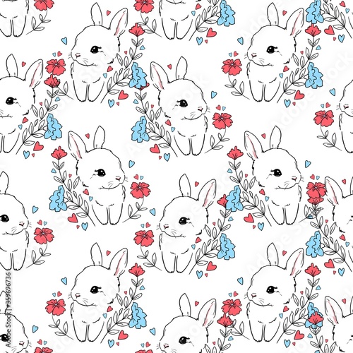 Fototapeta Naklejka Na Ścianę i Meble -  Seamless Pattern cute bunny and flowers. Vector illustration. Childish print design for nursery, t-shirt, textile, background.