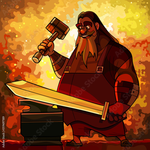 cartoon bearded man blacksmith forges a sword in a fire forge