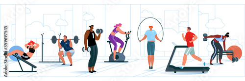 People exercising at modern gym. Athletic man and woman on training apparatus have various physical exercises. Enjoy sport activity.  Vector flat illustration set. 