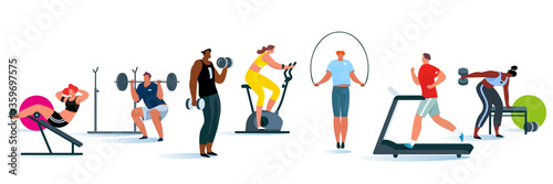 People exercising at modern gym. Athletic man and woman on training apparatus have various physical exercises. Enjoy sport activity.  Vector flat illustration set. 