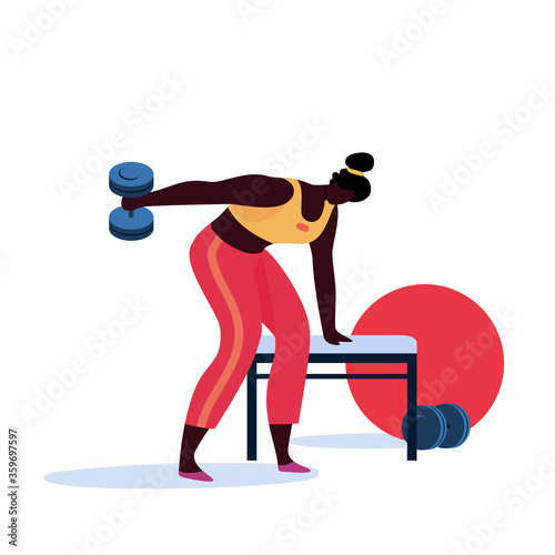Athletic woman on training apparatus have various physical exercises. People exercising at modern gym. Enjoy sport activity.  Vector flat illustration. 