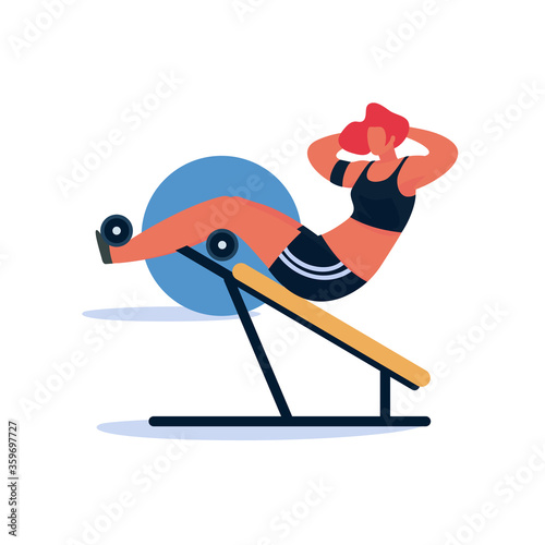 Athletic woman on training apparatus have various physical exercises. People exercising at modern gym. Enjoy sport activity.  Vector flat illustration. 
