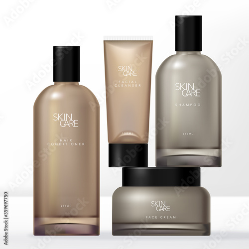 Vector Natural or Organic Minimal Skin Care Packaging Set with Tinted Brown Clear Boston Bottle, Jar & Tube.