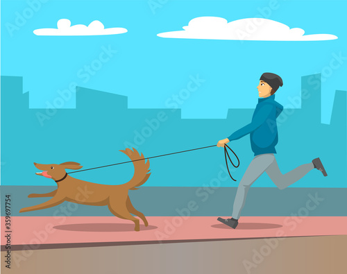 Man walking street with his pet. Person running with dog on leash outdoor. Male and friend of human together. Silhouette of buildings and skyscrapers on background. Vector illustration in flat style