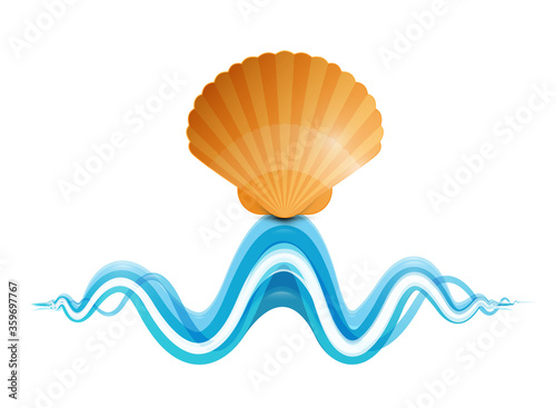 Seashell on Wave Vector Illustration Isolated on White Background. Orange Shell on Water Surface Symbol.