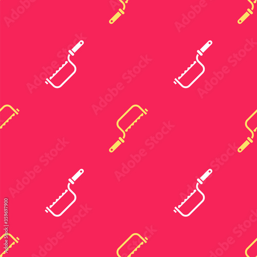 Yellow Hacksaw icon isolated seamless pattern on red background. Metal saw for wood and metal. Vector Illustration.