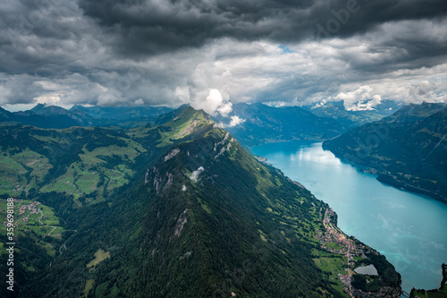 aerial view of Lake Brienz with Habkern and Augustmatthorn in the Bernese Alps seen from a helicopter