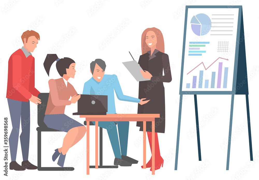 Business seminar vector, people learning new information. Conference meeting of professionals and experts in field. Character with laptop at table Business seminar vector, people learning new information. Conference meeting of professionals and experts in field. Character with laptop at table
