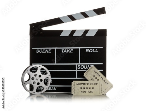 Tela Single, black, open movie clapper or clapper-board with film reel and movie thea