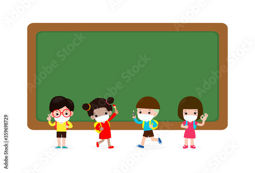 Back to school for new normal lifestyle concept, Multicultural pupils with medical masks face standing near blackboard cartoon characters group kids and friends Virus protection coronavirus covid 19