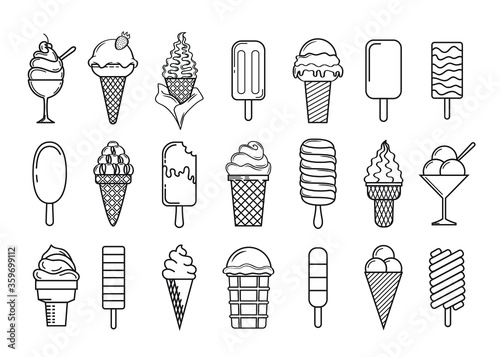 Vector ice cream illustration set, collection of black thin outline ice creams, isolated on white background, for your design projects as, symbols, logos, signs, labels, flyers, banners, 