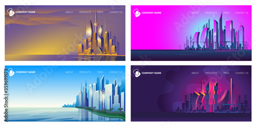 A set of vector horizontal templates for the site header or the first landing page screen with images of modern cities and cities of the future.