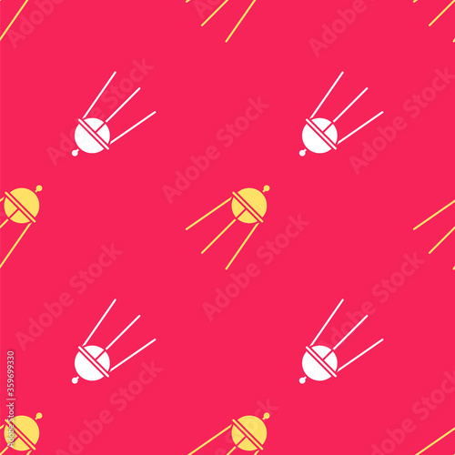 Yellow Satellite icon isolated seamless pattern on red background. Vector Illustration.
