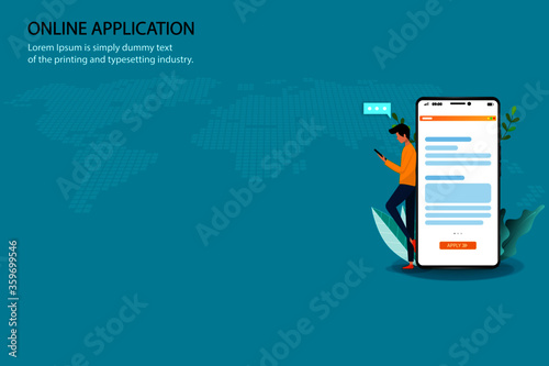 Online application concept, a young man is searching in the internet by using smartphone to find a course to apply in the university and or job application after graduation in green color background.