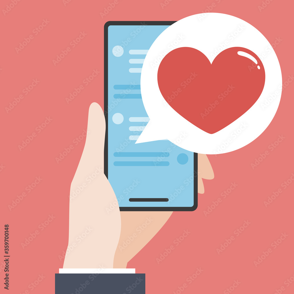 Hand holding smartphone with heart icon.Vector illustration of like message concept. Hand holding smartphone with heart icon.Vector illustration of like message concept.