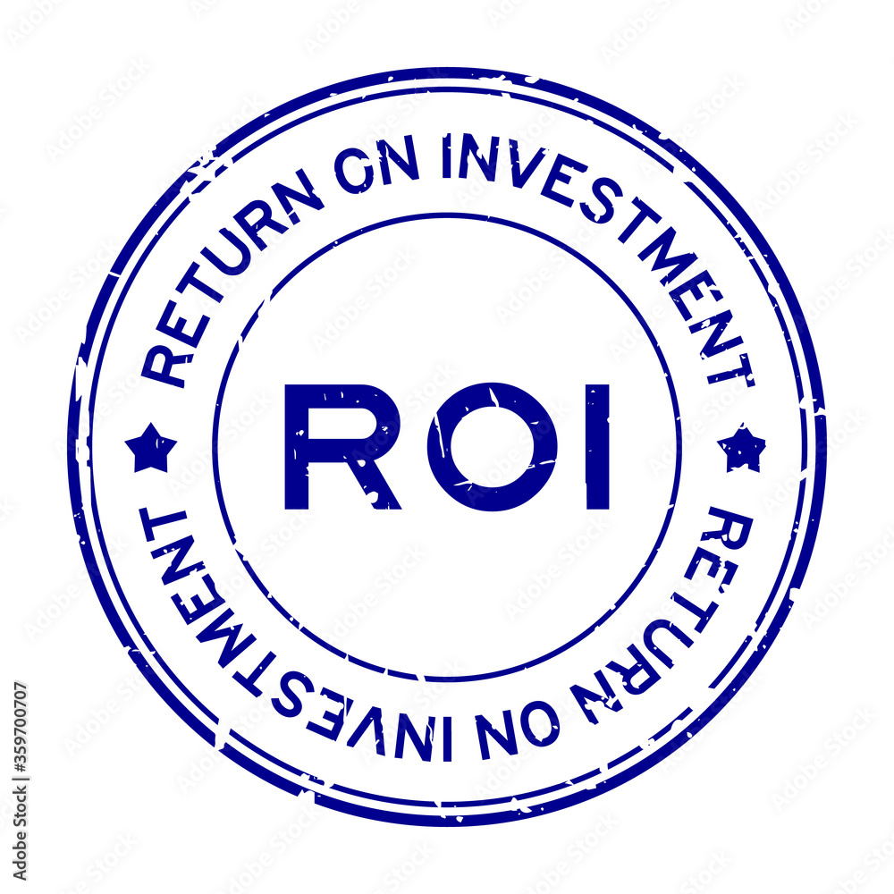 Grunge blue ROI (Abbreviation of Return on Investment) word round rubber seal stamp on white background