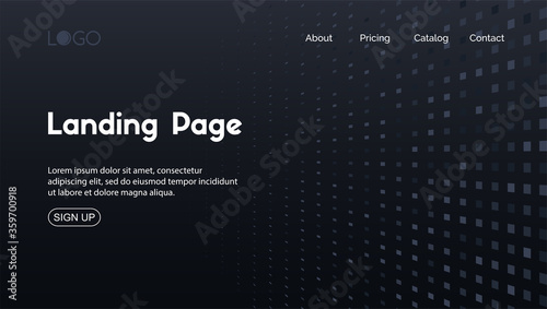 Landing page minimal template. Vector abstract dark background with perspective halftone particles. For web page design