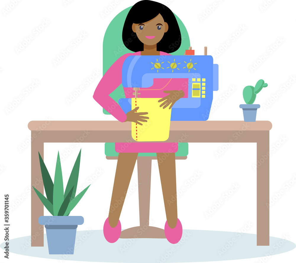 African-american seamstress sewing on an industrial sewing machine. Girl sits at a table and sews on a sewing machine.Home activity.Vector illustration in a flat style isolated on a white background. African-american seamstress sewing on an industrial sewing machine. Girl sits at a table and sews on a sewing machine.Home activity.Vector illustration in a flat style isolated on a white background.