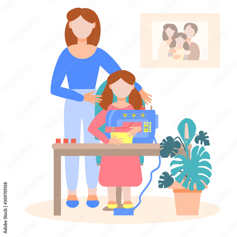 Home classes with children. A little daughter helps her mother sew.Mom teaches a child to sew on a sewing machine.Hobby.Nice family scene. Flat style vector illustration isolated on white background. Home classes with children. A little daughter helps her mother sew.Mom teaches a child to sew on a sewing machine.Hobby.Nice family scene. Flat style vector illustration isolated on white background.