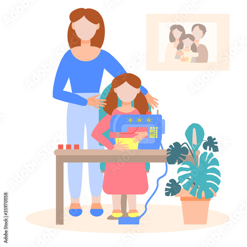Home classes with children. A little daughter helps her mother sew.Mom teaches a child to sew on a sewing machine.Hobby.Nice family scene. Flat style vector illustration isolated on white background.