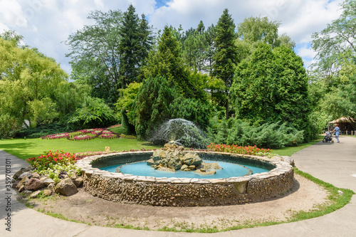 Subotica, Serbia - June 19, 2020: Fountain in the zoo park in Palic, Serbia