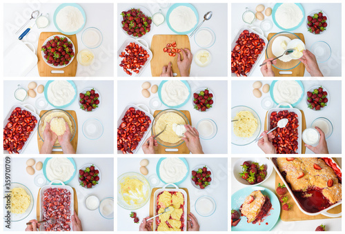 step by step recipe strawberry cobbler homemade from ripe fresh strawberries and shortbread on a light background, top view