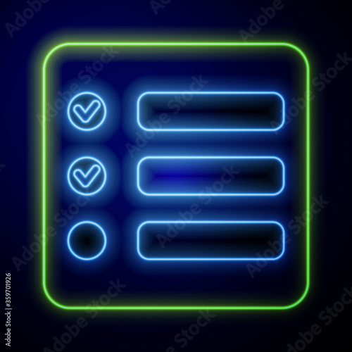 Glowing neon Task list icon isolated on blue background. Control list symbol. Survey poll or questionnaire feedback form. Vector Illustration.
