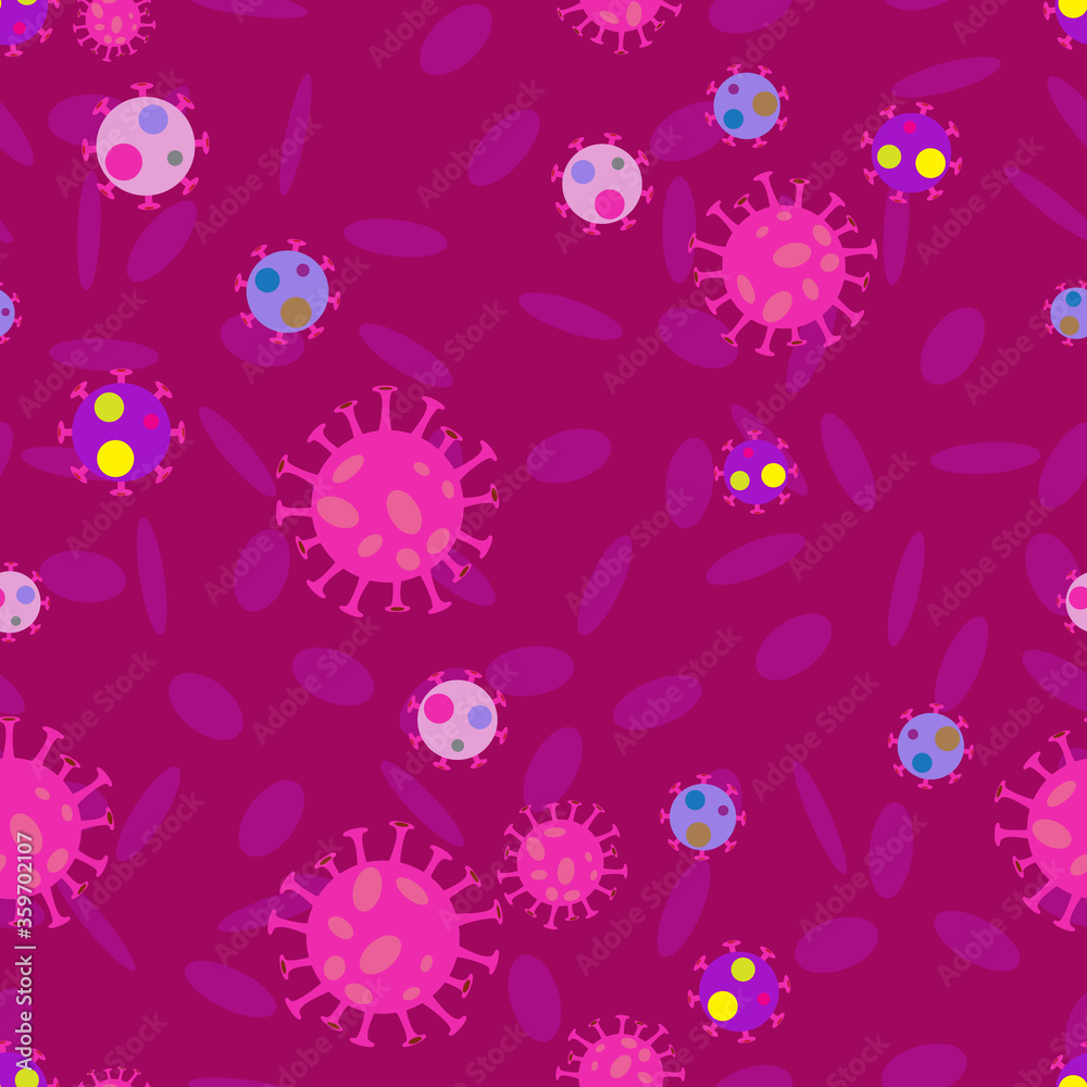 Seamless pattern created by several objects set to virus in vivid background