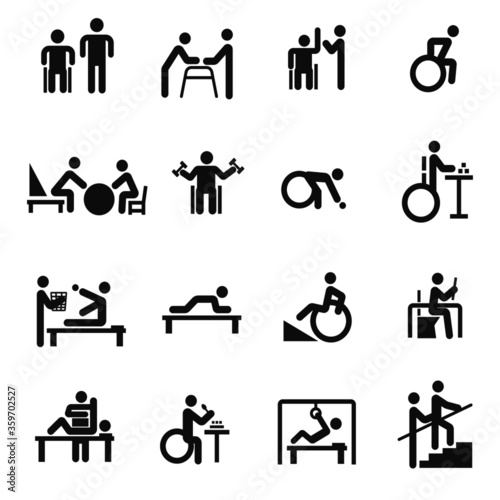 medical rehabilitation in disability people icon set
